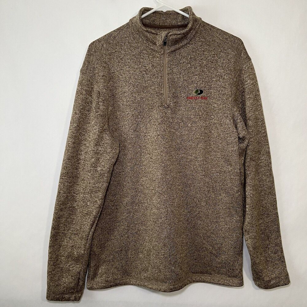 Mossy Oak 1/4 Zip Pullover Sweater Jacket Mens Size Medium Tan Brown Fleece EUC